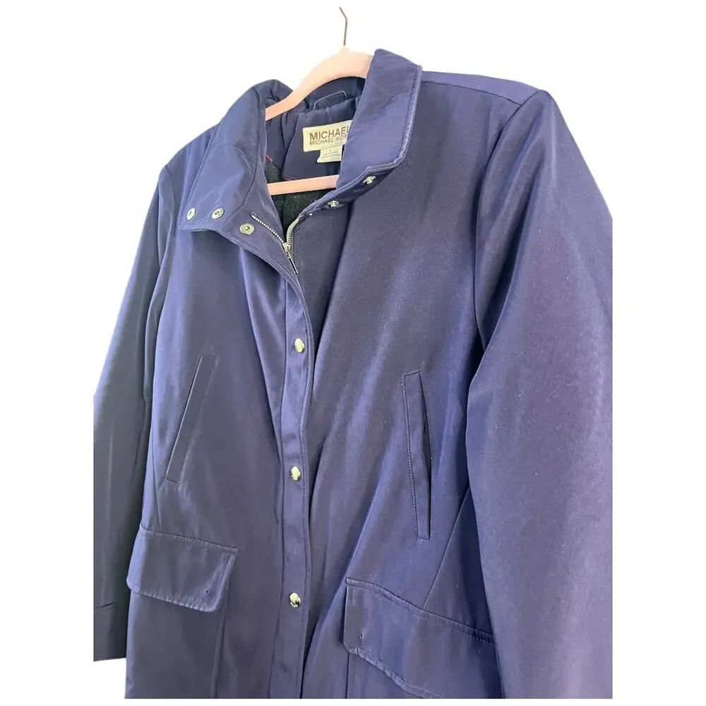 Michael Kors wool blend long quilted filled rain jacket overcoat snap blue Large